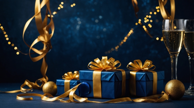 Dark blue background with gift boxes wrapped in golden ribbons, champagne glasses nearby, creating a festive New Year's celebration scene.