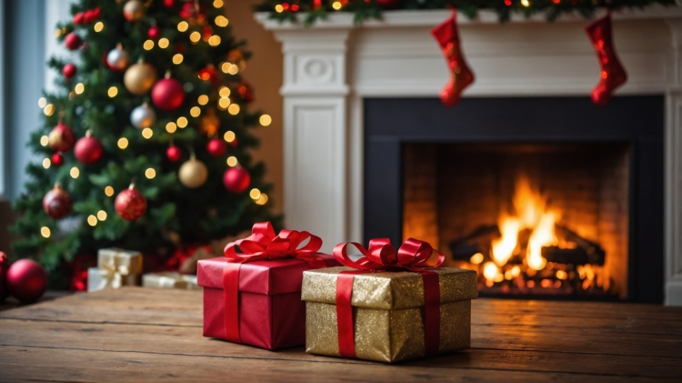 Festive Christmas scene with two wrapped gifts in front of an open fireplace, surrounded by decorations, evoking a warm holiday atmosphere.