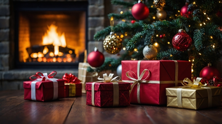 Christmas presents in red and gold with ribbons under a tree, near a fireplace, creating a cozy, warm holiday atmosphere.