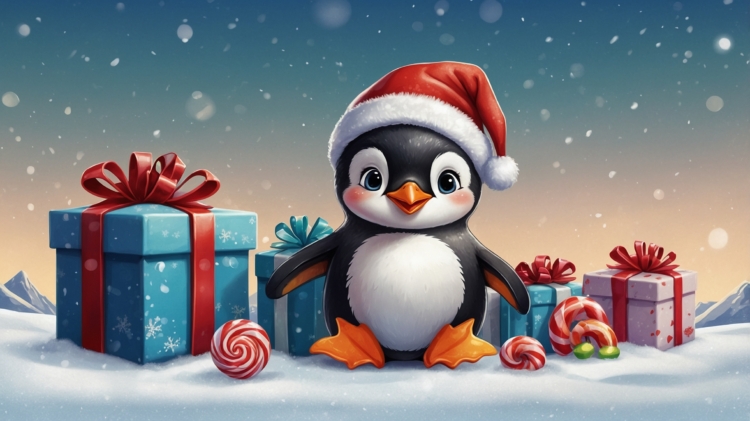 Cute penguin in a Christmas hat standing in the snow, surrounded by presents and candy canes, cartoon style with blue gradient background.