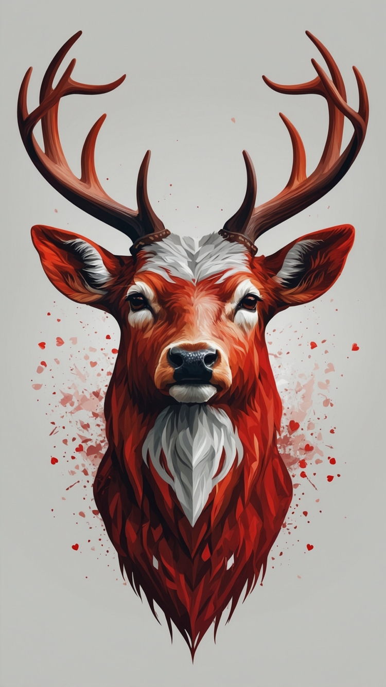 Portrait of a red deer head with antlers, white beard and hair, red eyes, splattered paint effect, vector art on a gray background.