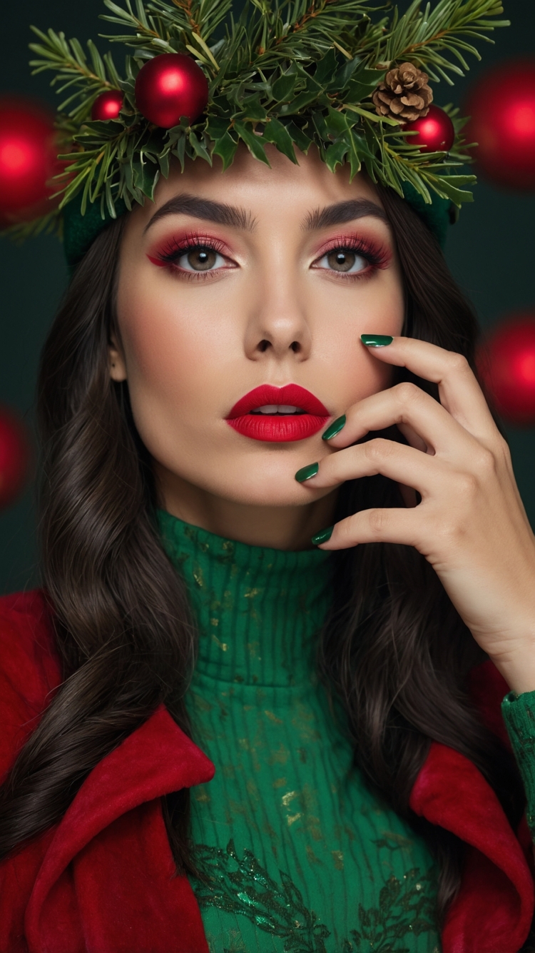 A beautiful woman with long dark hair, wearing a red and green outfit, Christmas-themed makeup, and a festive wreath on her head.