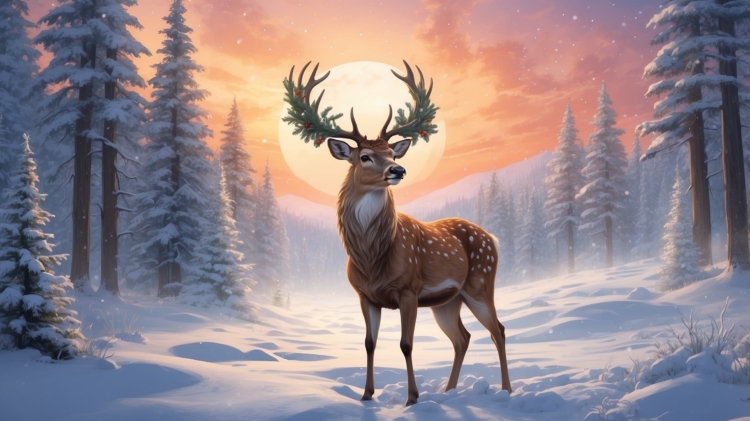 Painting of a majestic deer with a holly and mistletoe wreath in a snowy forest, bathed in sunset glow, with a full moon in the background.