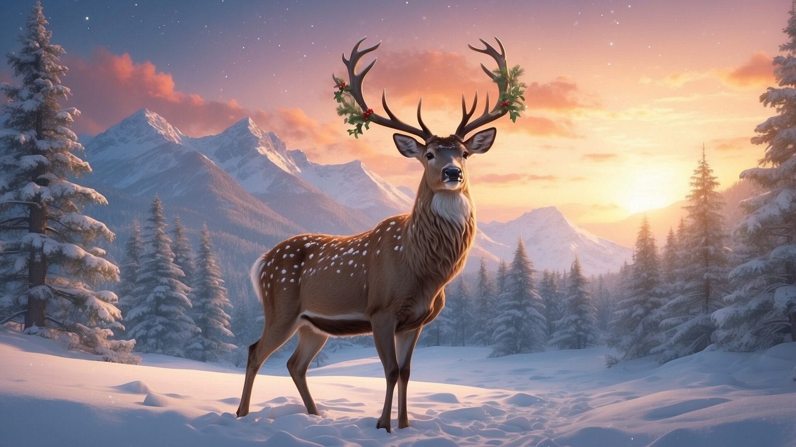 Painting of a majestic deer with wreaths on its antlers in a snowy forest at sunset, with a bright moon and serene winter landscape.