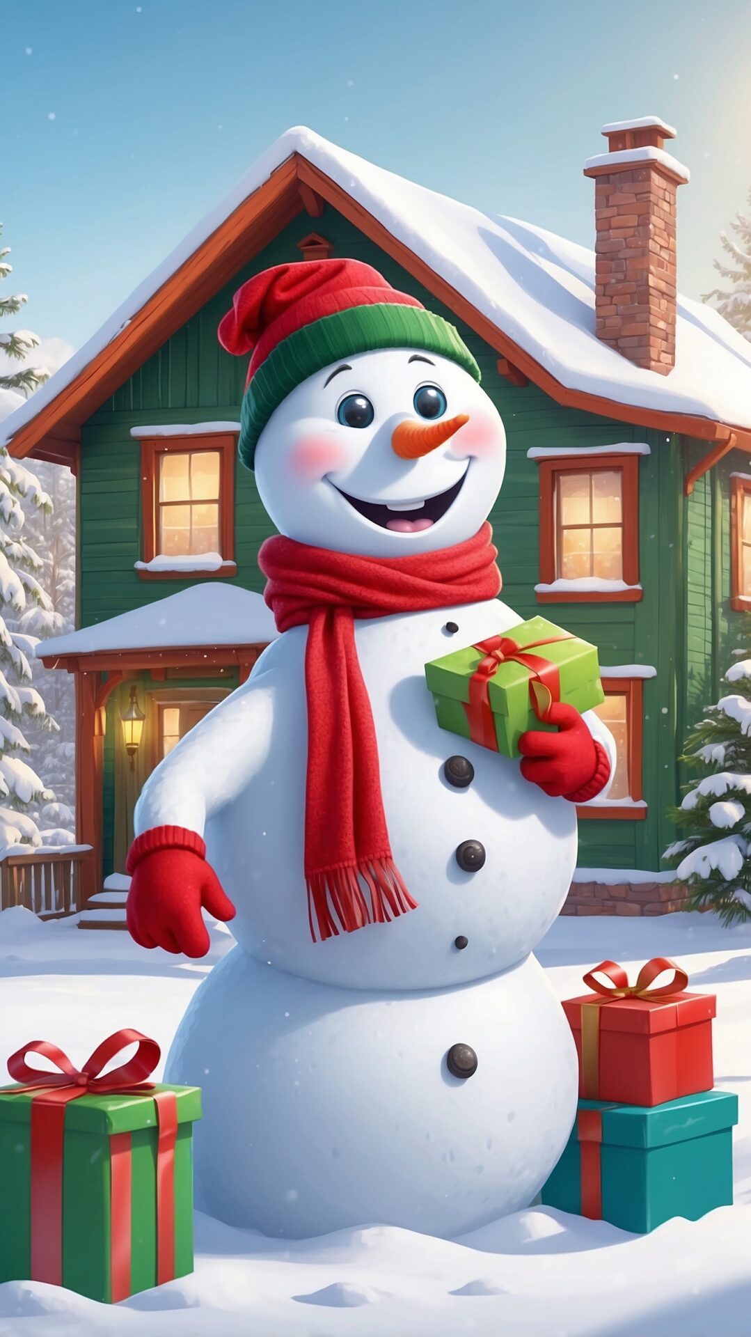 Snowy Holiday Scene with a Smiling Snowman