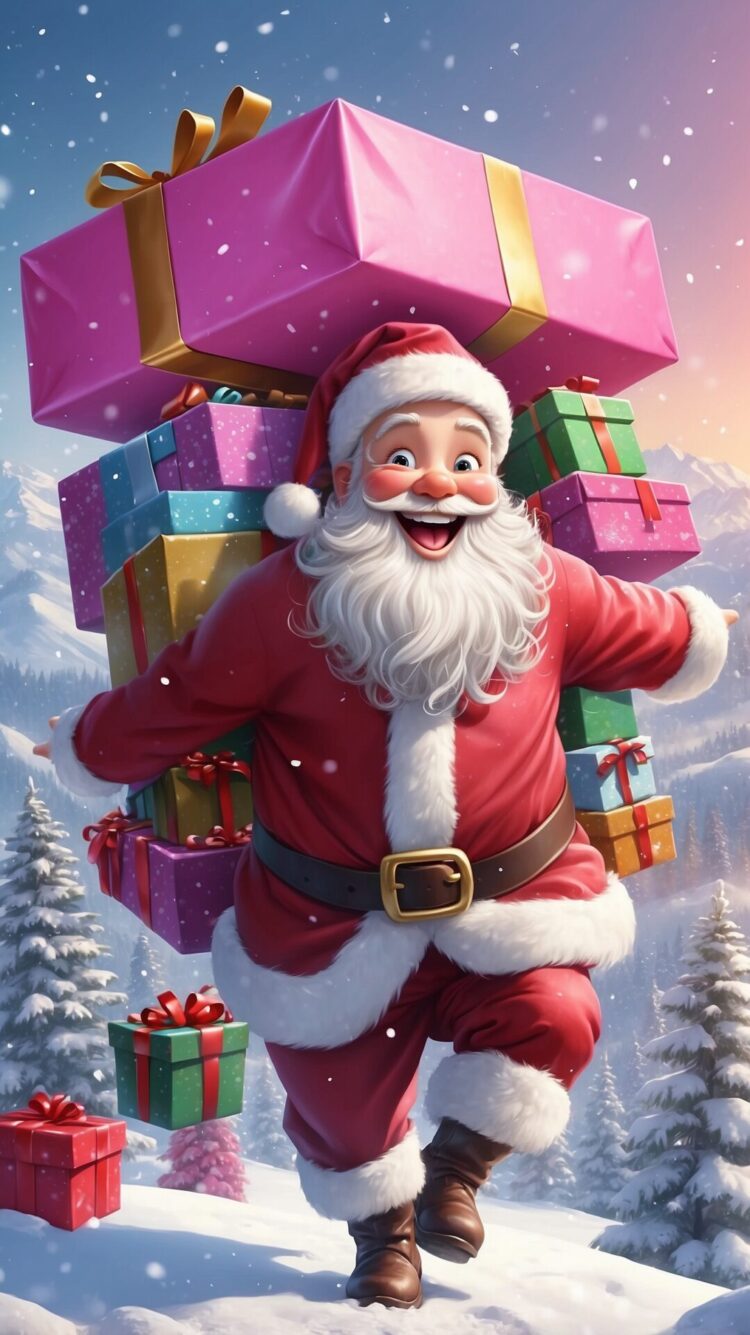 Santa Claus with a happy expression carrying large pink gift boxes on his shoulders, set against a snowy landscape with pine trees.