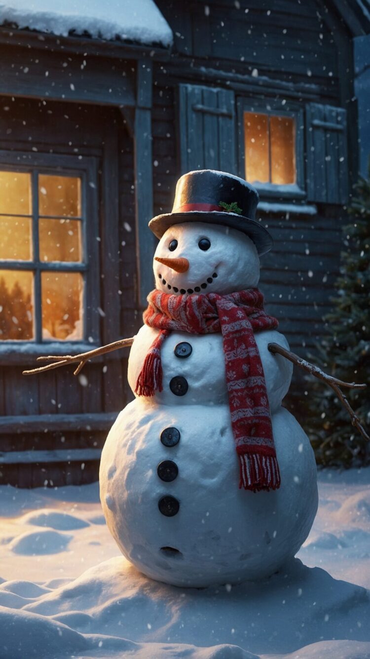 Snowman with a scarf and hat smiling at the camera in front of a house at night, with photo-realistic snowy landscapes and cartoonish design