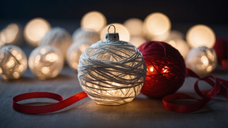 White and red string wrapped around a Christmas ornament with white lights in the background, soft lighting on a dark grey surface.