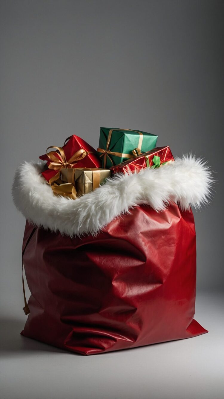 Large red leather Santa bag with white fur trim, spilling green and gold gifts against a gray background.