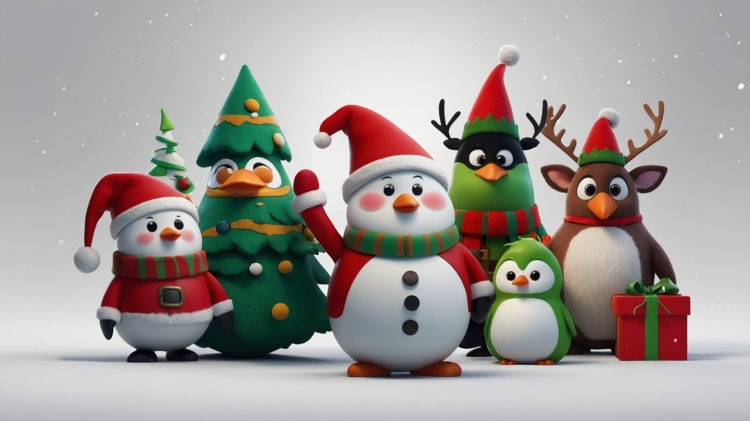 3D cartoon, a group of a snowman and penguins with a Christmas tree, reindeer wearing a Santa hat, and bird characters, in the style of Pixar.