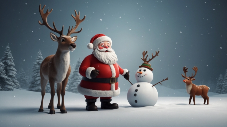 3D cartoon Santa Claus with reindeer and a snowman standing together, in Pixar-style animation.