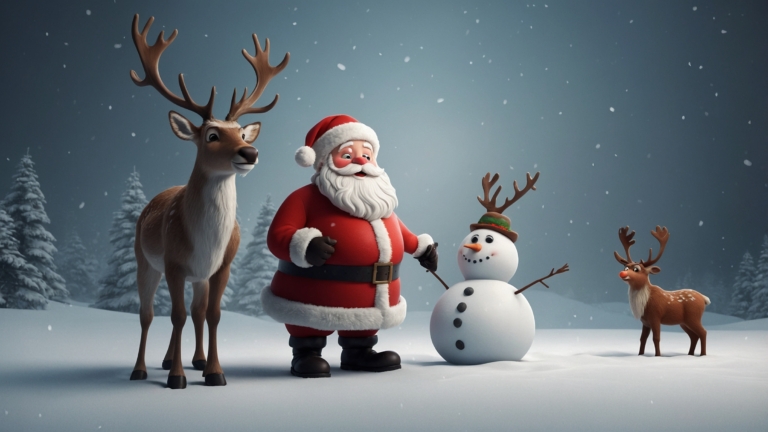Santa Claus, Reindeer, and Snowman in Pixar-Style Christmas Cheer