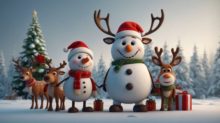 A group of snowmen and reindeer stand together, with one snowman wearing large antlers, in a snowy landscape with Christmas trees and presents.