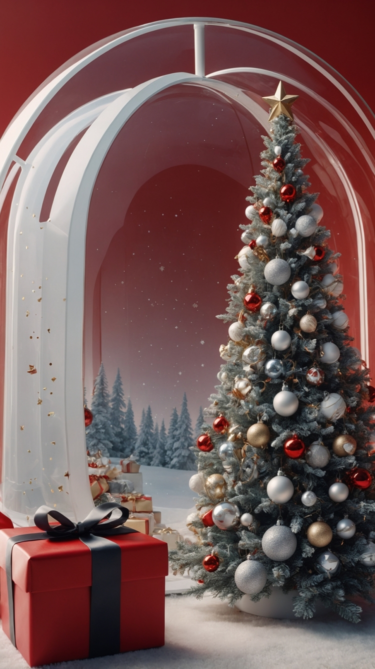 A Christmas tree with ornaments inside a glass dome, gifts beneath it, set against a red background with a luxurious, photorealistic look.