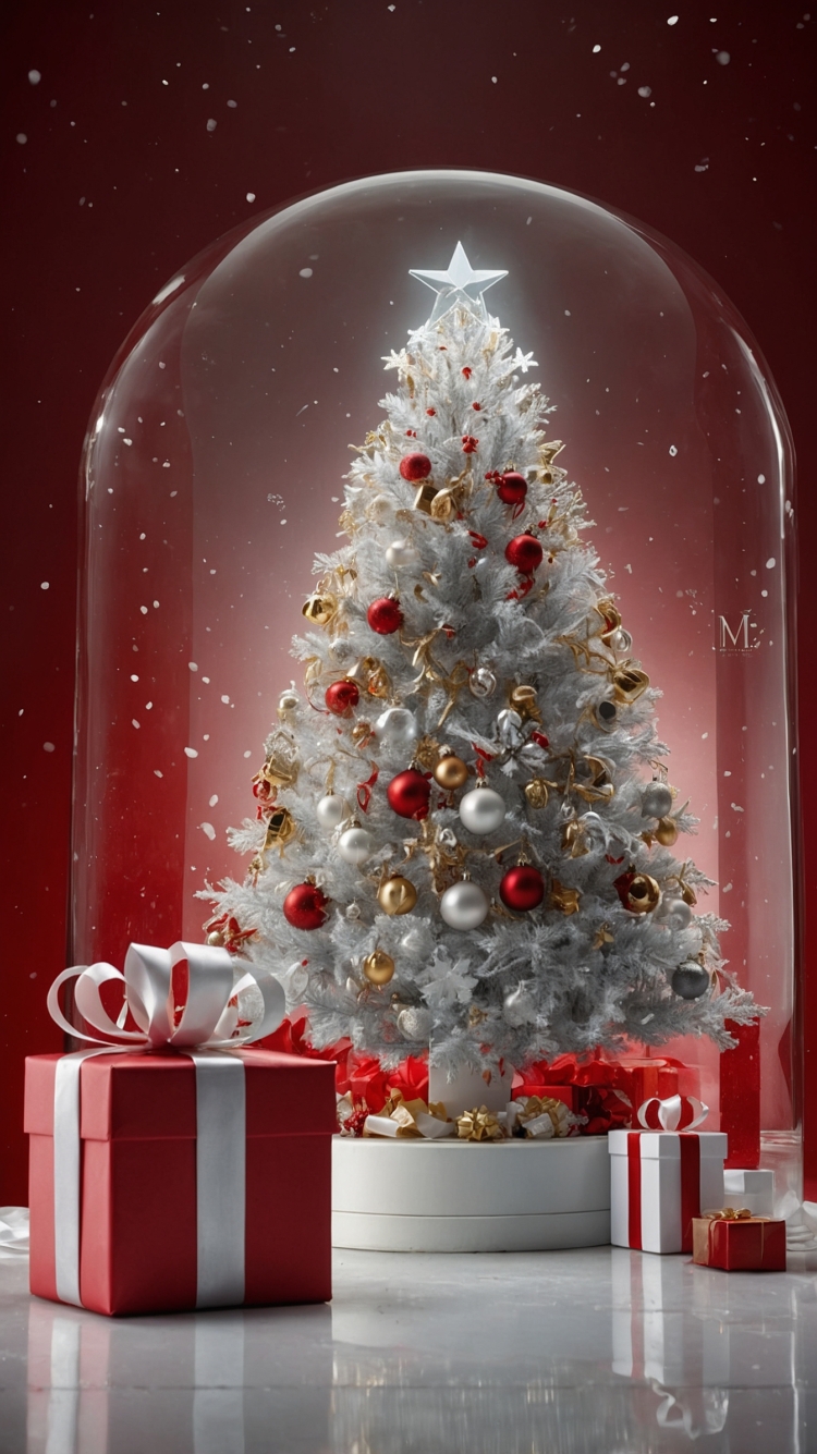 White Christmas tree with red and gold ornaments inside a glass dome, snowflakes on the floor, large presents under the tree, and a red background.