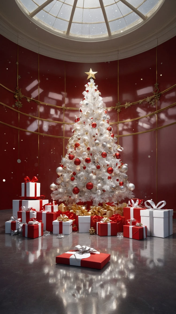 White Christmas tree with red and gold ornaments, surrounded by red and white gift boxes, with dark crimson walls and skylights in the background.