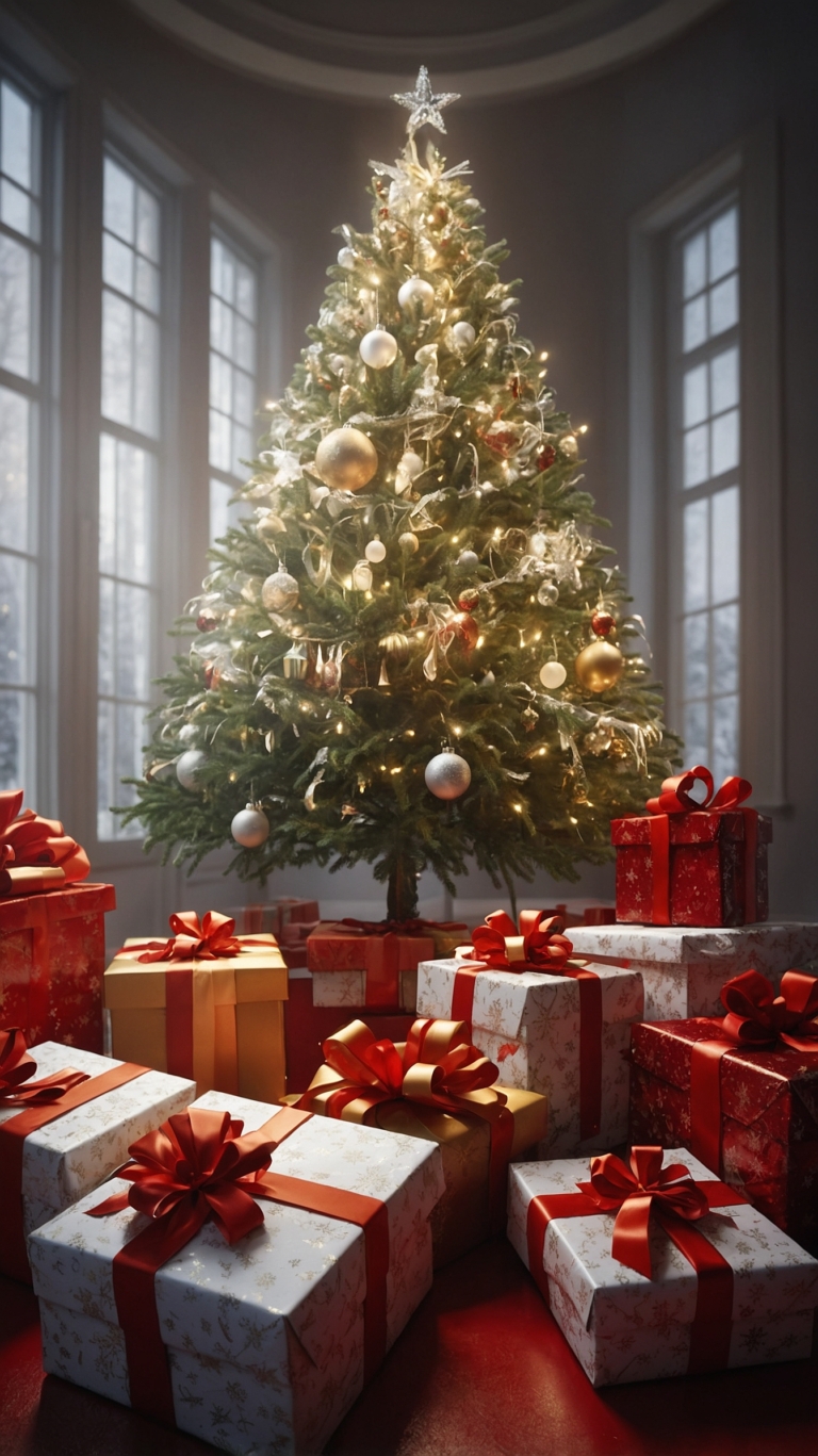 Beautifully Decorated Christmas Tree Surrounded by Wrapped Gifts