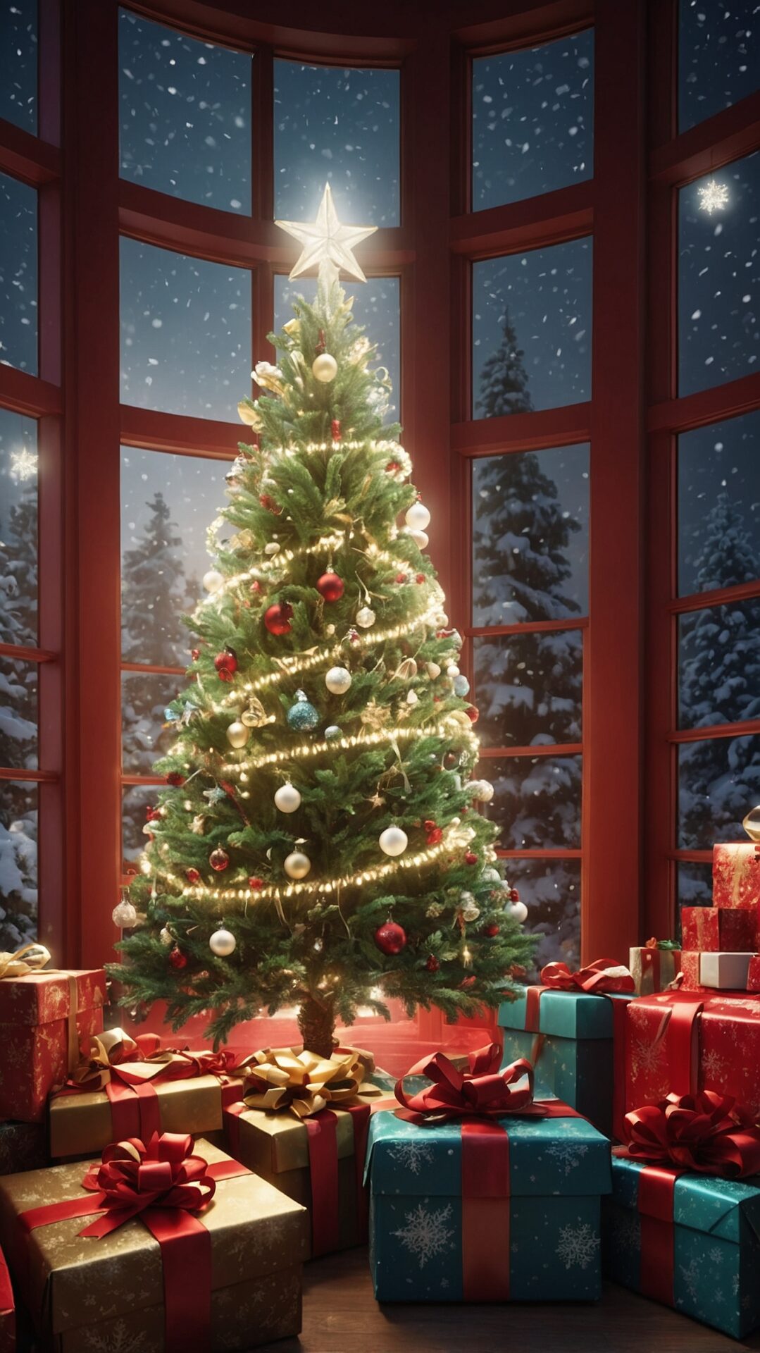 Cozy Christmas Tree Surrounded by Presents with Snowy Night View