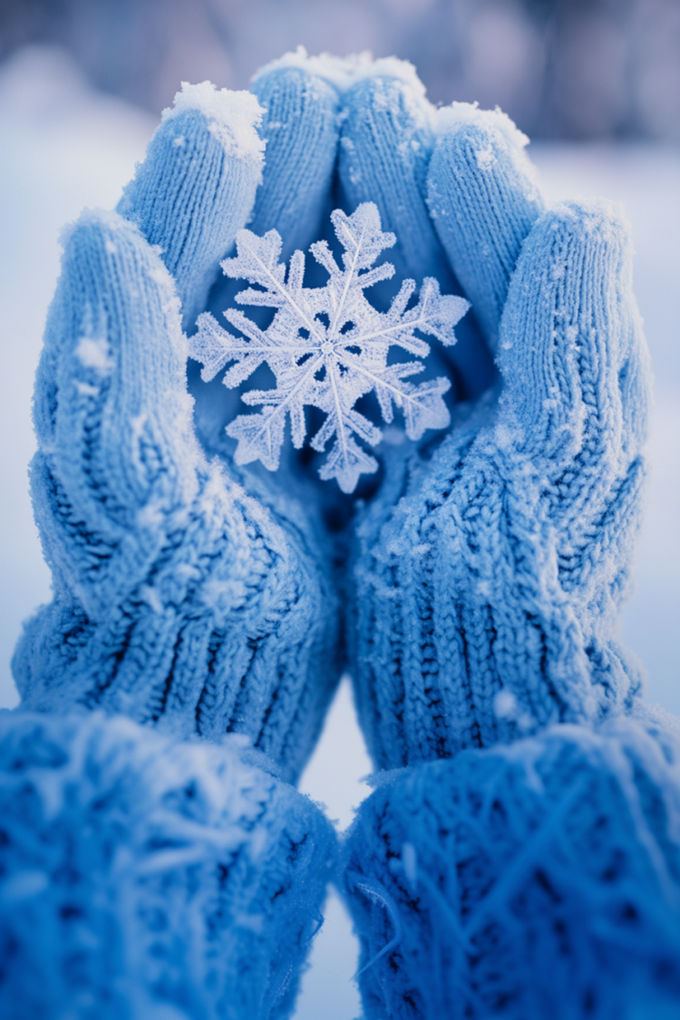 Beautiful close-up of blue gloves holding a delicate, beautiful snowflake against a snowy background