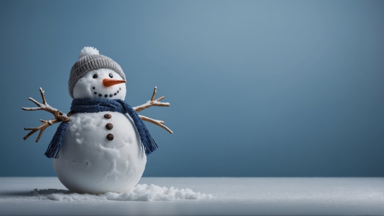 Photo of a snowman wearing a hat and scarf on a solid blue background, creating a simple winter-themed scene.