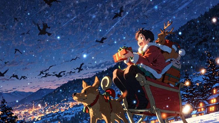 Anime-style scene of a man in red holding gifts, riding a reindeer pulling an old sleigh filled with presents, set in an apocalyptic night sky with snowflakes and stars, with a village below.