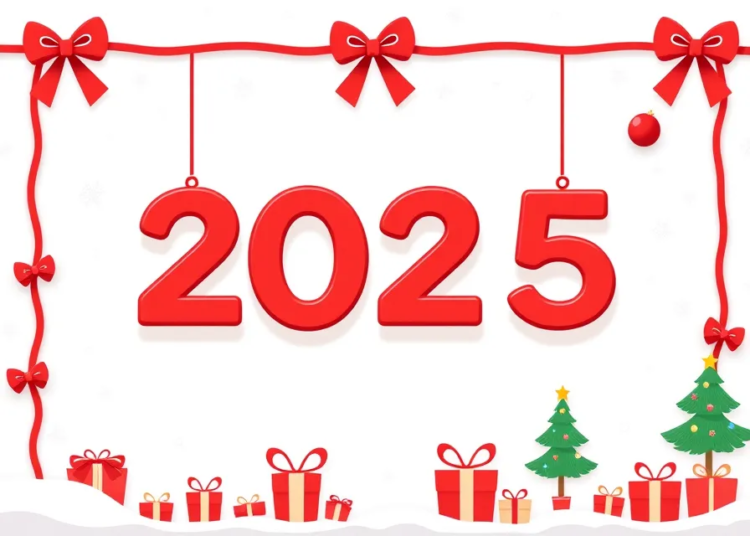 Cute cartoon-style New Year's decoration with red "2025" numbers centered on a white background, surrounded by ribbons and gifts.