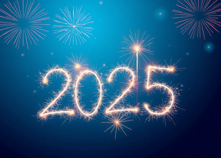 White Glowing "2025" on a Blue Festive Background