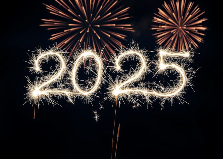 "2025" written in sparklers on a black background, glowing and sparkling with fireworks in the background, creating a festive New Year's Eve atmosphere.