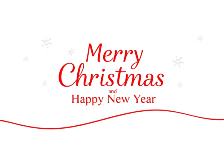 Minimalist line art design with "Merry Christmas and Happy New Year" in red font, a white background, and a red wave at the bottom.