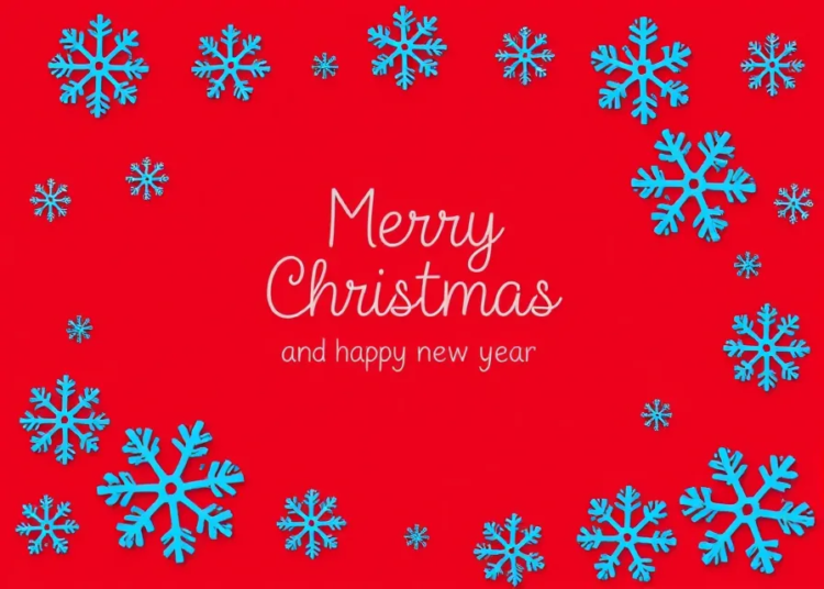 Red background with blue snowflakes and "Merry Christmas and Happy New Year" text in the center, minimalistic vector design.