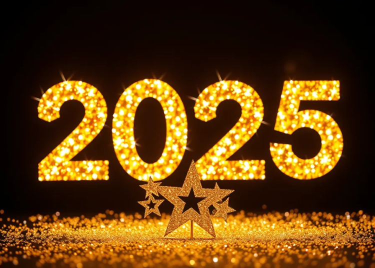 Golden "2025" glitter number shines against a black background with a 3D star decoration, creating an elegant festive atmosphere.