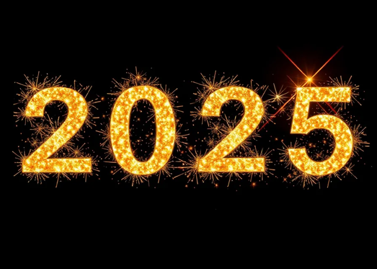 Glowing golden "2025" numbers with vibrant fireworks against a black background, creating a festive New Year celebration scene.