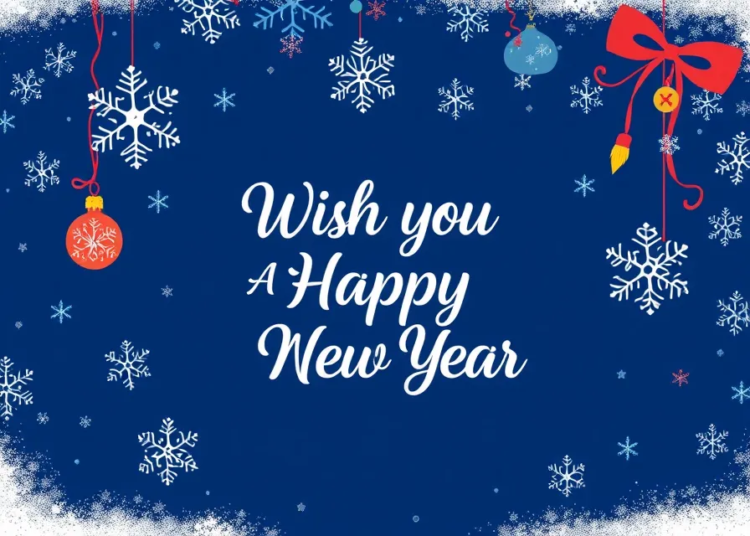 Blue background with white snowflakes and colorful decorations, featuring "Wish you A Happy New Year" in elegant script font, with space for customization.