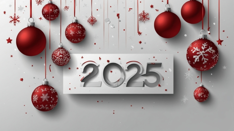 2025 New Year background with red Christmas ornaments, white numbers, and gray paper cut-style hanging decorations.