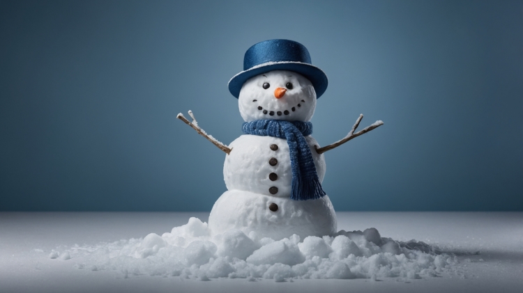 A snowman made of white snow, wearing a blue hat and scarf, standing on the ground with arms raised forward, simple background, commercial photography, studio lighting, high-definition details.