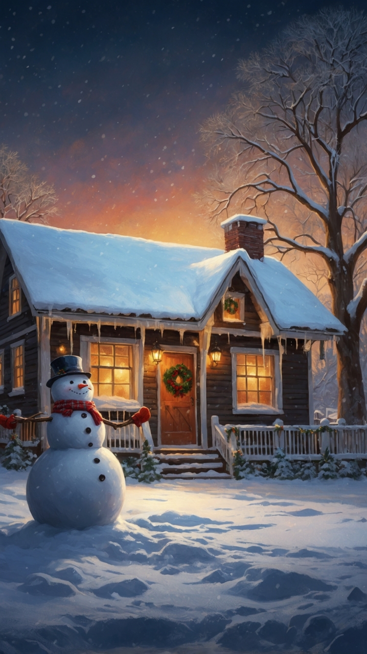 A snowman standing in front of the house, warm lights on inside, a cozy winter scene, a detailed illustration, a happy atmosphere, a sunset sky, a snowy landscape, a wooden cottage with white trim and lighted windows, a snow-covered roof and walls, a snowy garden, vibrant colors, high resolution, in the style of digital art.