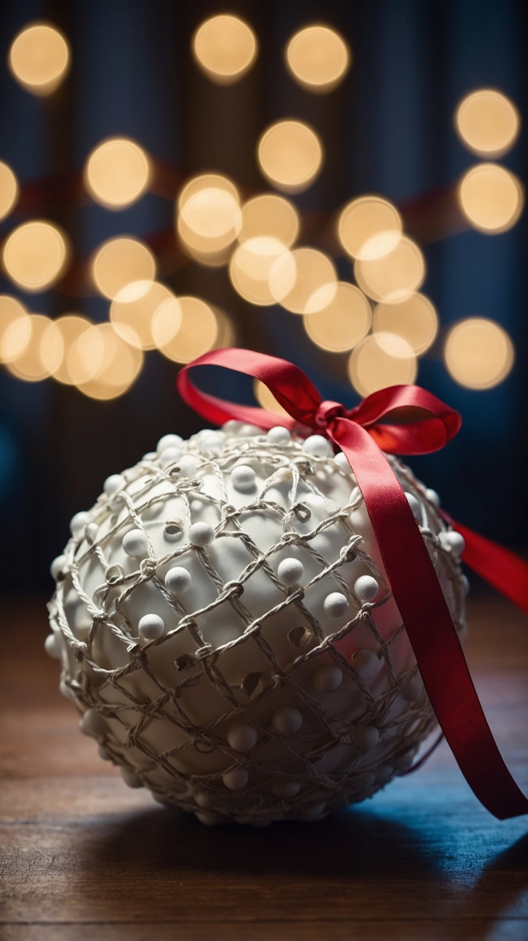 A white Christmas ornament adorned with pearls, wrapped in netting, and tied with a red ribbon, placed against a glowing bokeh background of lights, evoking an enchanting holiday atmosphere.