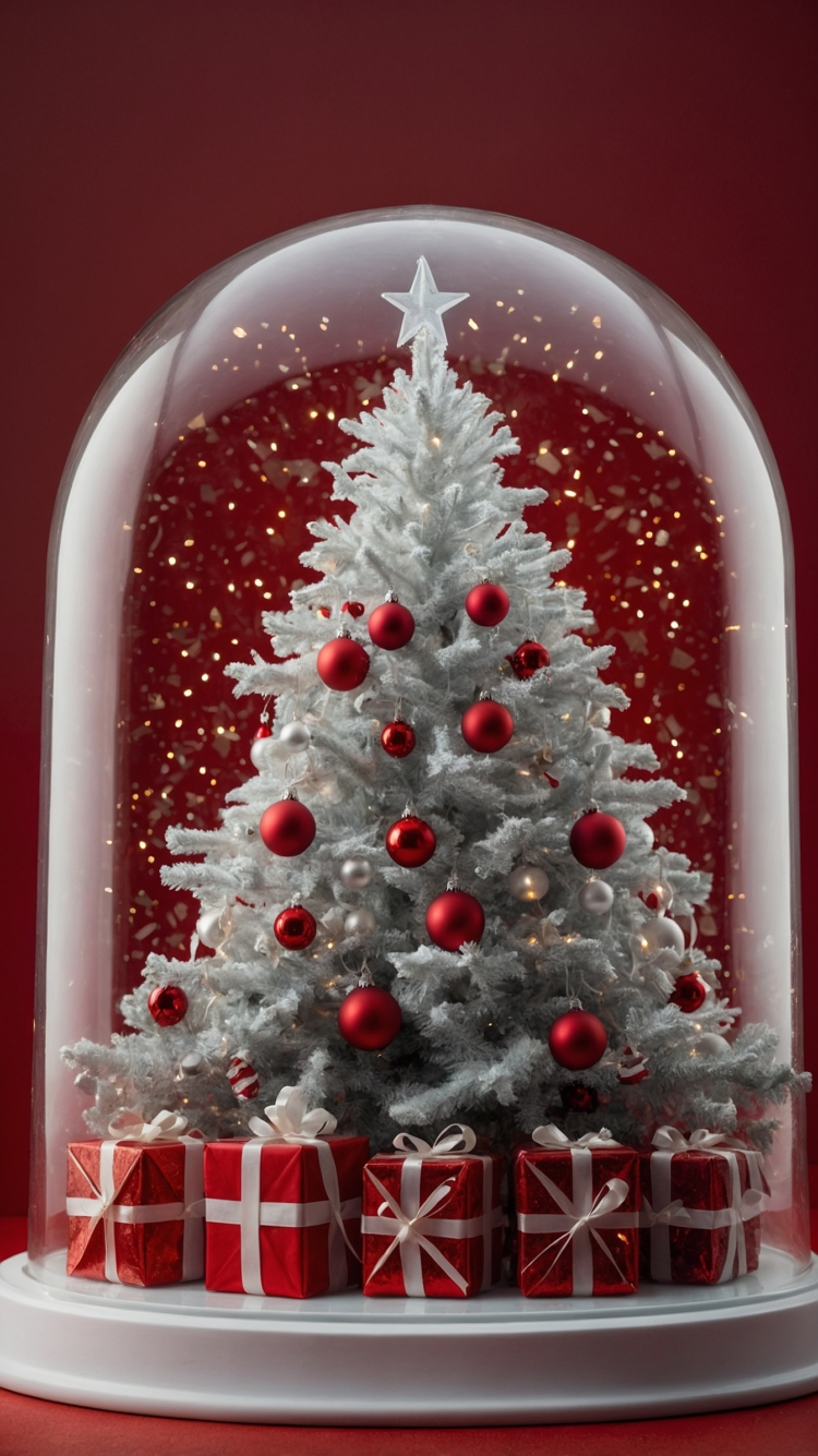 A white Christmas tree with red ornaments encased in a glass dome, surrounded by white and red gifts, set against a red background with light reflections, creating a festive and elegant holiday atmosphere.