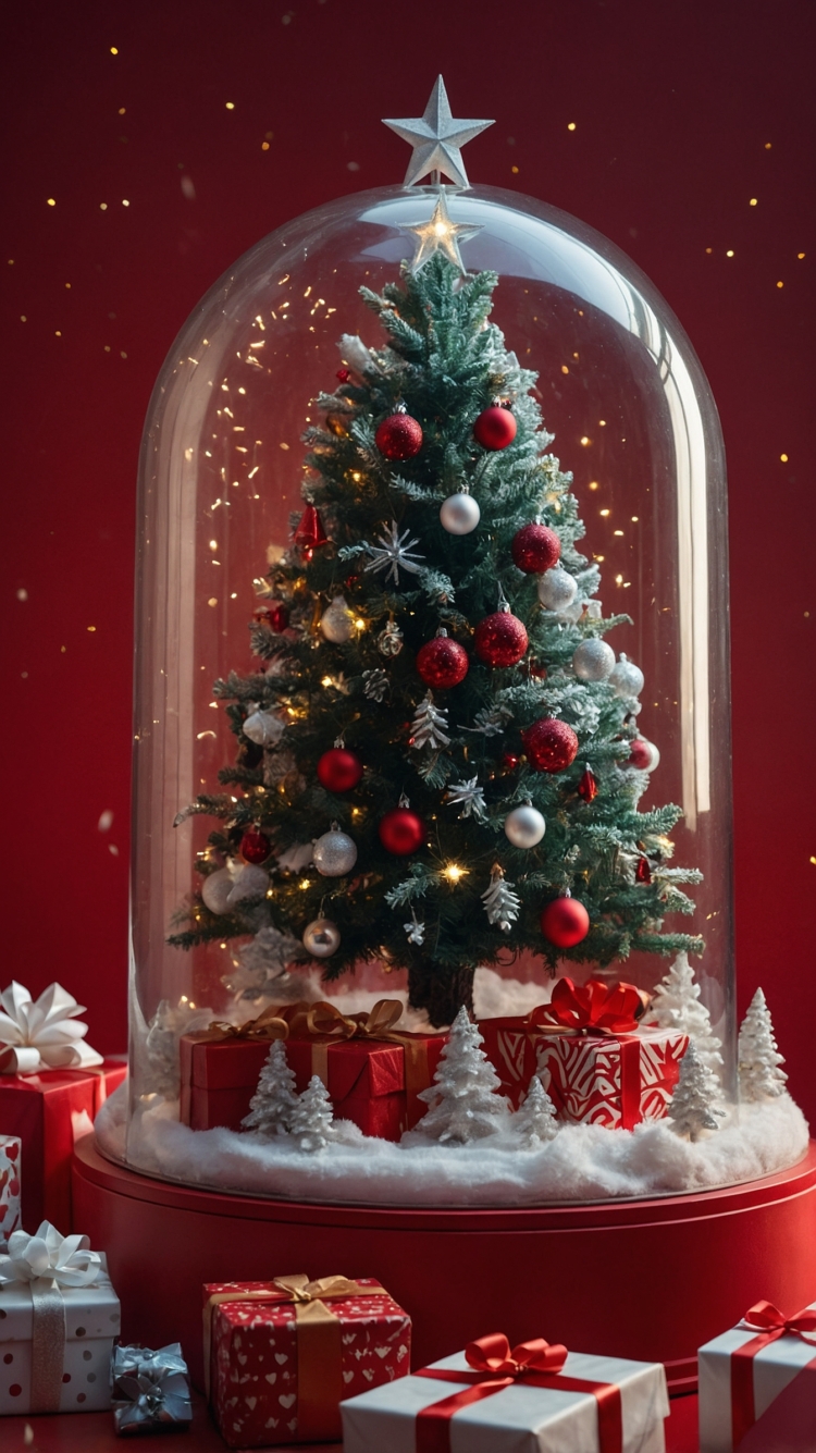 A Christmas tree in the snow with gifts underneath, adorned with a white and red color scheme, inside a transparent glass dome on a red background.