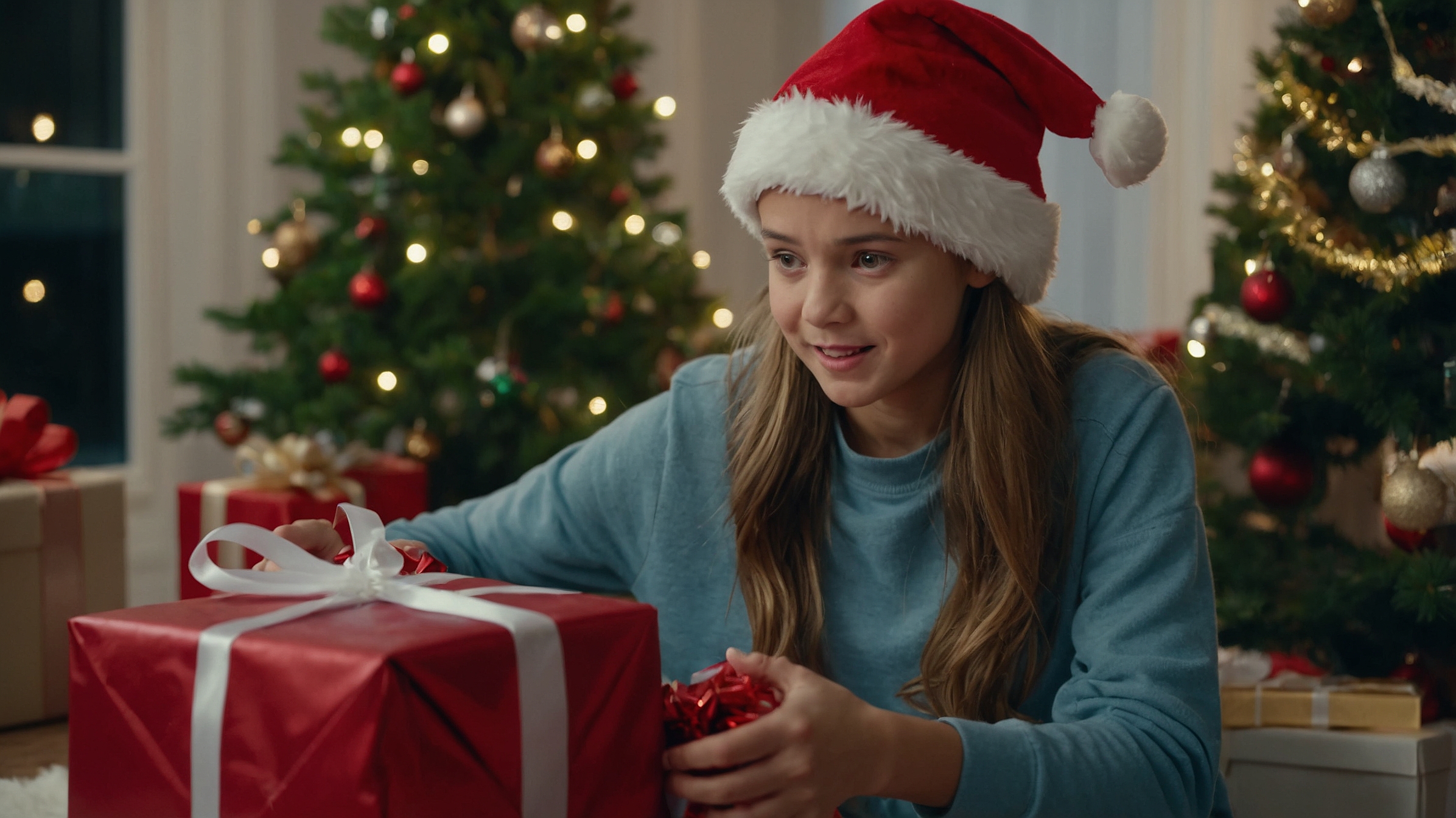 Joyful Girl Opening a Christmas Gift by the Tree