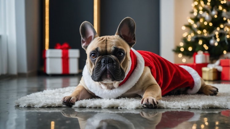 A French Bulldog dressed in a Christmas outfit lies on a white carpet in a modern, minimalist home decorated for Christmas, featuring a silver tree and red gift boxes in the background.