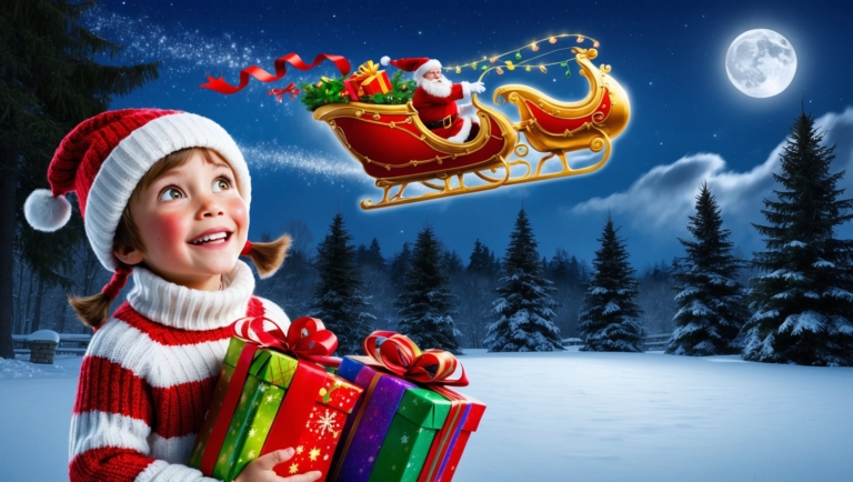 Joyful Child Watching Santa?s Sleigh