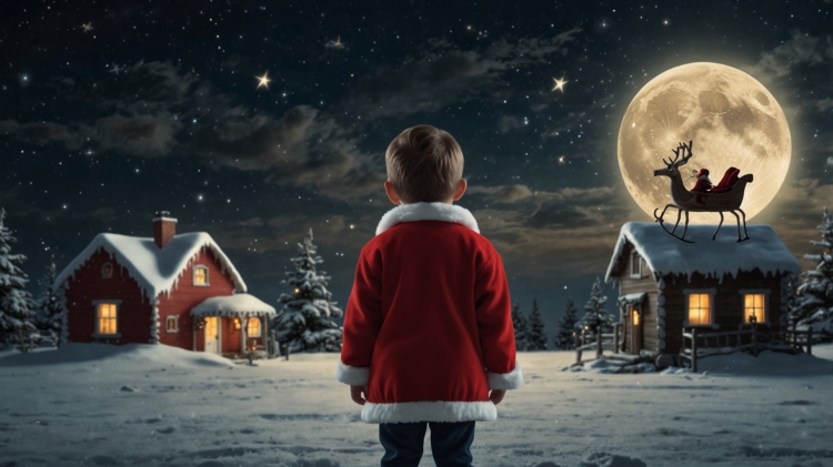 A little boy in a Santa Claus costume stands under the moonlight, hands behind his back, gazing at houses and a sleigh flying across the starry sky.