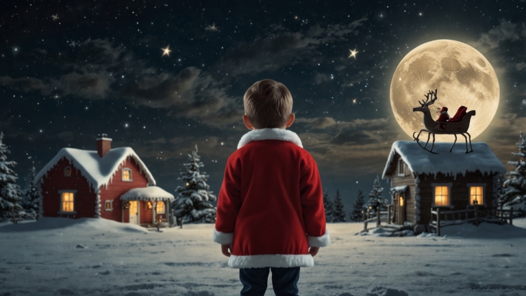 Little Boy in Santa Costume Under the Moonlight