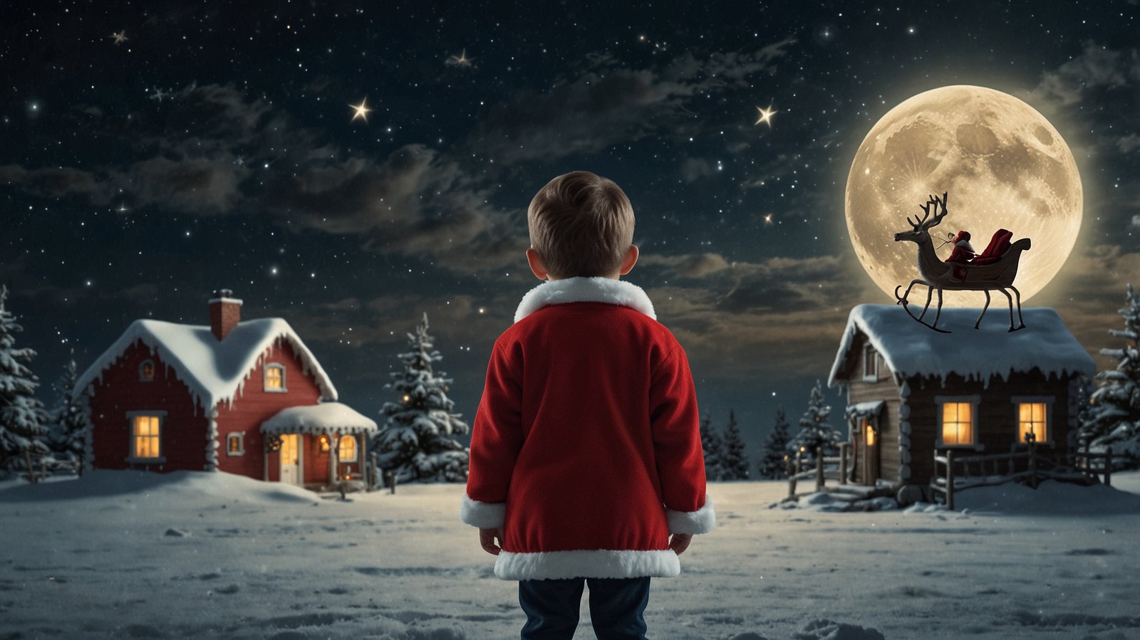 A little boy in a Santa Claus costume stands under the moonlight, hands behind his back, gazing at houses and a sleigh flying across the starry sky.