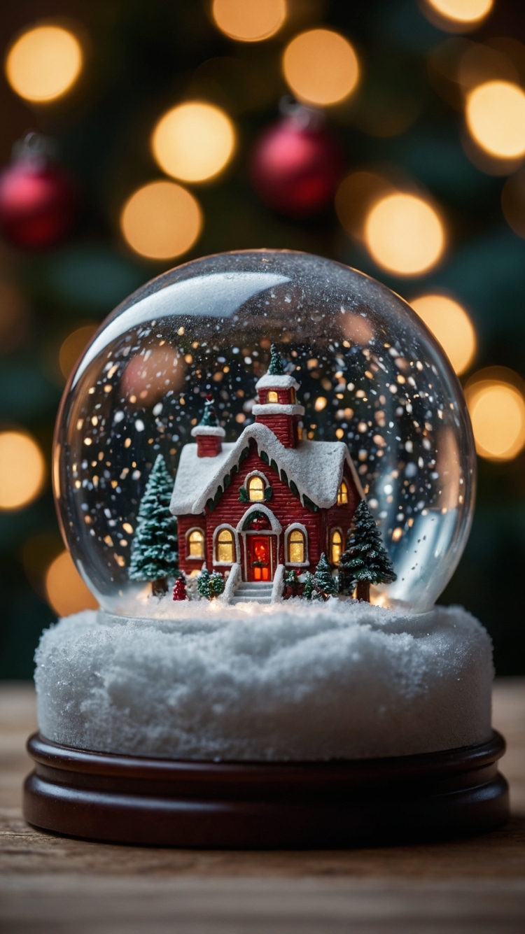 A snow globe with a Christmas scene of small houses and trees inside, against a blurred red-hued background with festive lights.