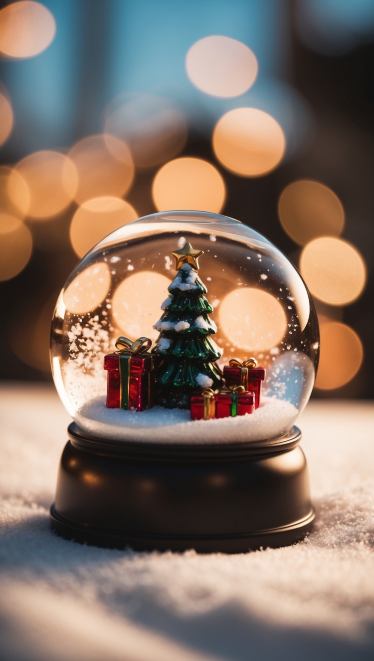 Close-up of a snow globe with a Christmas tree and presents inside, against a background of bokeh lights, captured in macro photography.