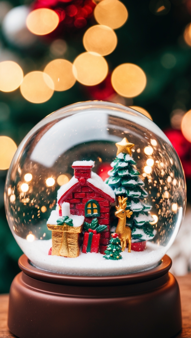 Snow globe featuring Christmas decorations, small houses, and reindeer, with blurred lights in the background, styled as a fashion photograph.