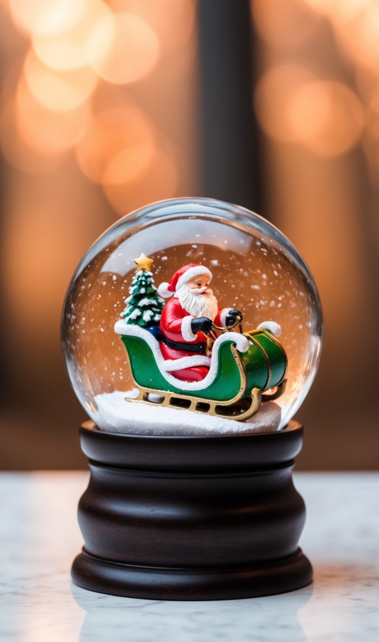 A snow globe featuring Santa on his sleigh, sitting on a white table with a bokeh background, captured in product photography style.