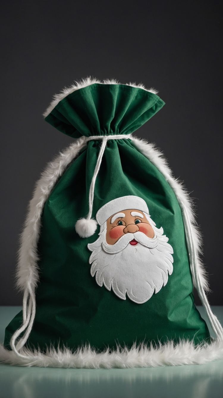 Green velvet bag with white fur trim and an embroidered Santa Claus face, captured with studio lighting against a gray background.